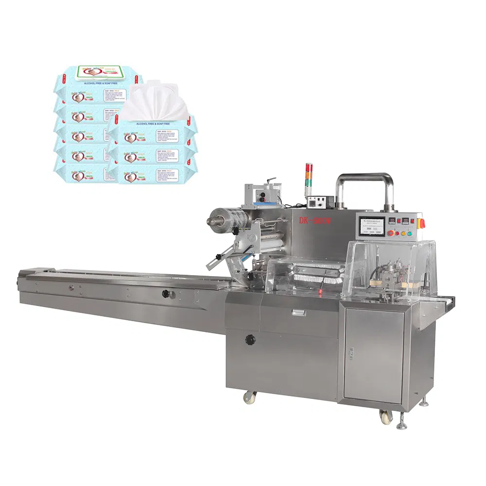 Máquina de embalaje de papel Flowpack automática de alta velocidad para fabricación de servilletas de madera de tejido húmedo usado para bebés