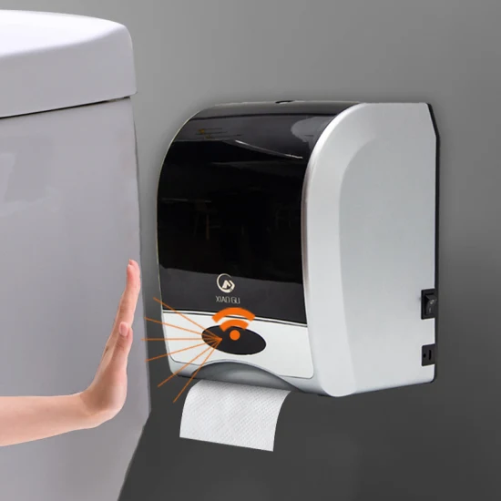 Inodoro de baño montado en la pared Usos Titular Caja de pañuelos Dispensador de papel Rollo de plástico ABS Dispensador de toallas de papel para hotel, inducción infrarroja, salida automática de papel